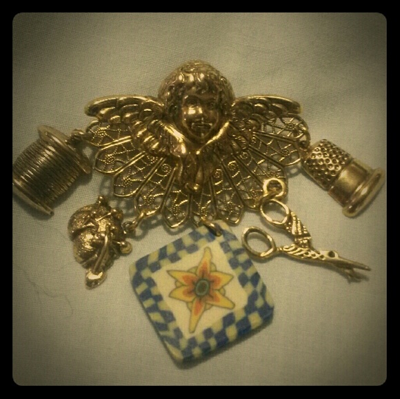 SOLD! Angel/Cherub Brooch/Pin w/Sewing - Picture 1 of 4
